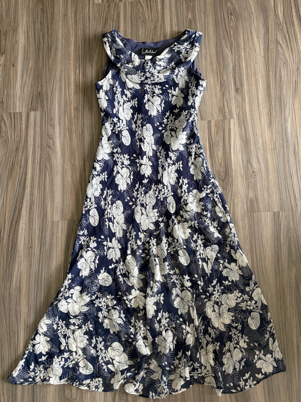 Vintage Jolibel Navy and White Floral Sleeveless Cowl Neck Dress